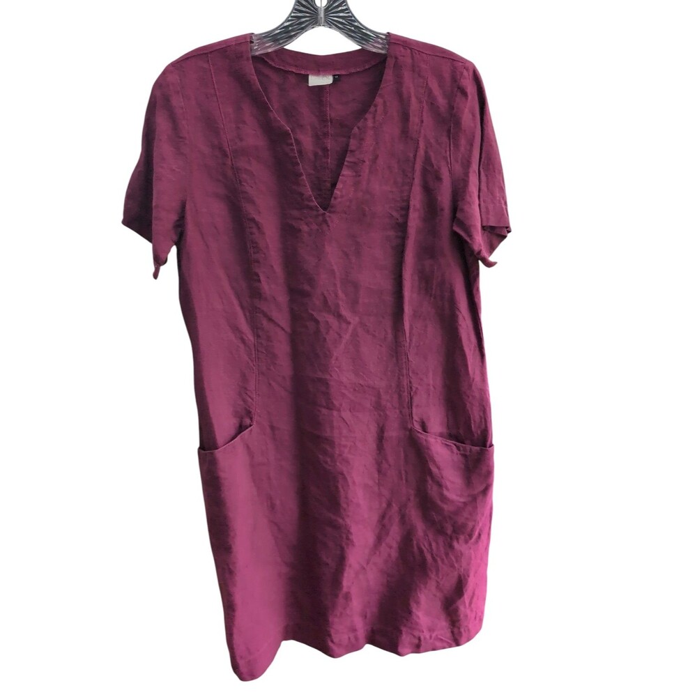 Len.Ok 100% Linen Shift Dress M Marsala Burgundy V Neck Pockets Lagenlook